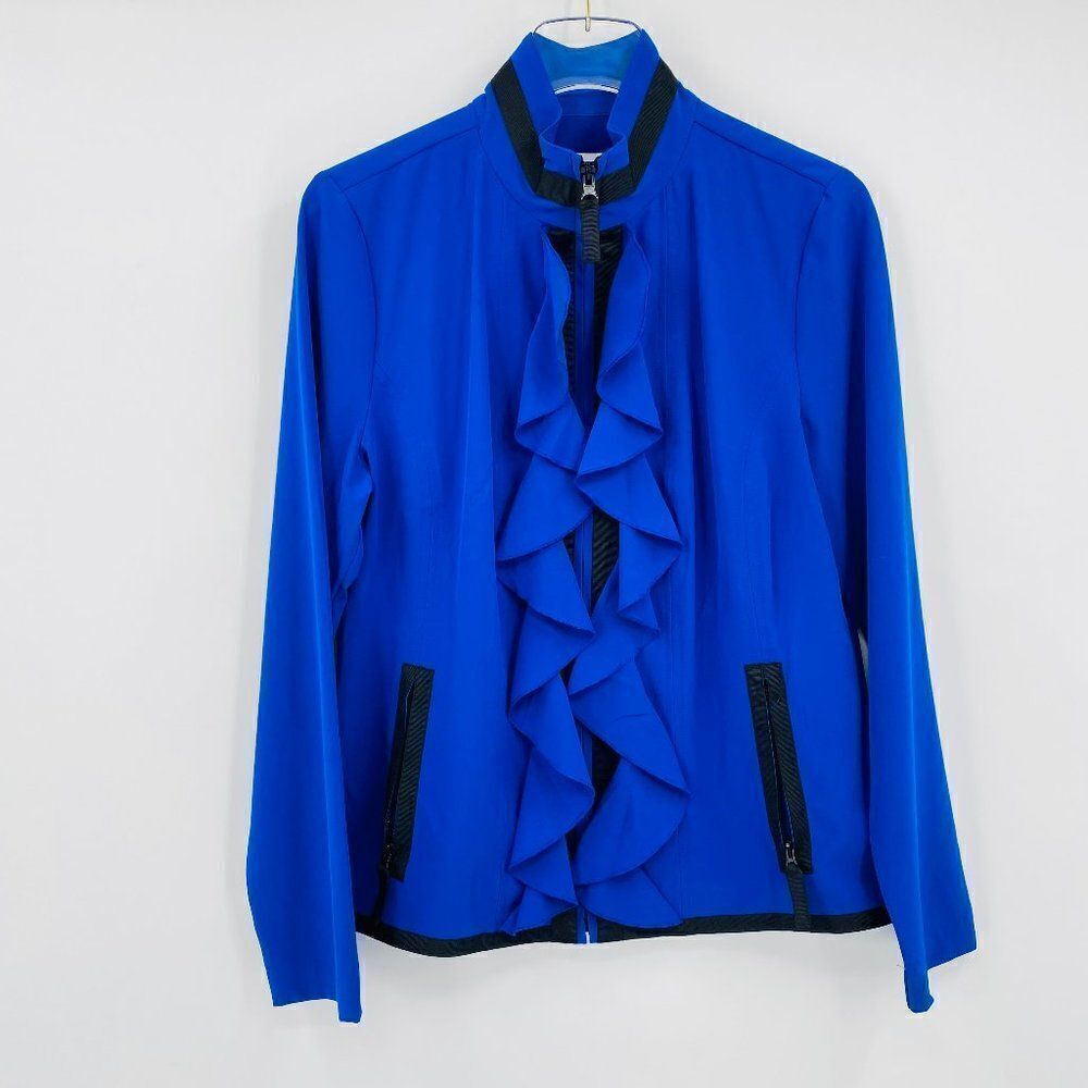 Zenergy Chico's Size 1 Medium Blue Long Sleeve Lightweight Ruffled Zip Up Jacket